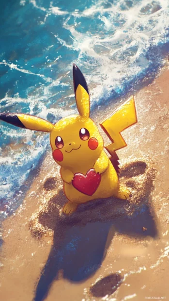 Pikachu draws a heart in the sand on a sunny beach while the waves sparkle.