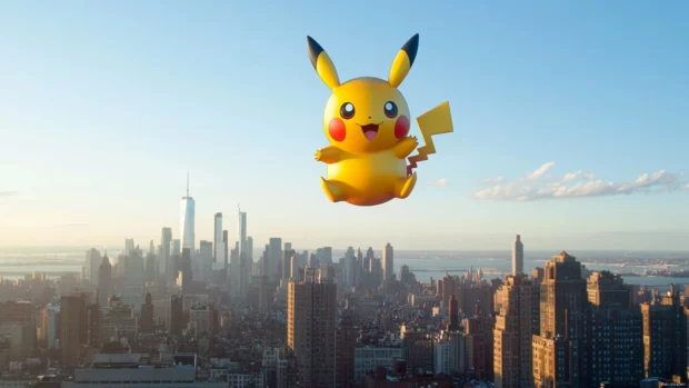 Pikachu floats above a city skyline on a balloon shaped like a Poké Ball.