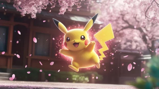 Pikachu floats in midair wrapped in glowing energy as cherry blossoms fall around.