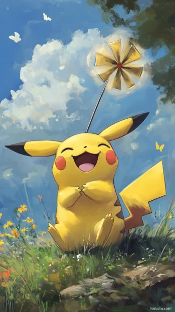 Pikachu giggles while spinning a pinwheel on a breezy hilltop in summer.