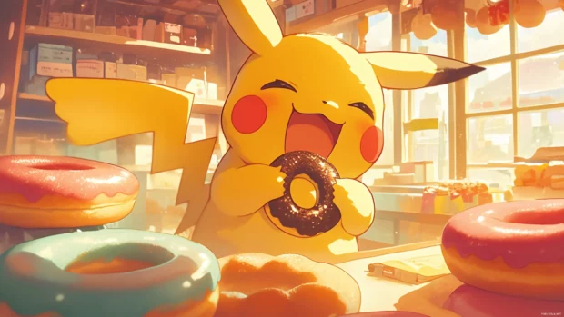 Pikachu giggling while wearing a donut costume in a sweet shop.