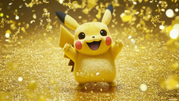 Pikachu gives a double thumbs up with sparkles floating around on a yellow floor.