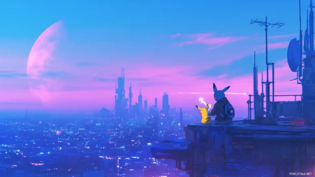 Pikachu holding an electric lantern standing on a futuristic rooftop.