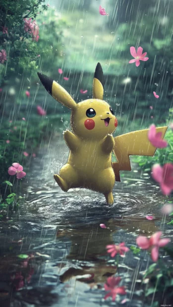 Pikachu hops across puddles in a gentle rain with flowers blooming around.