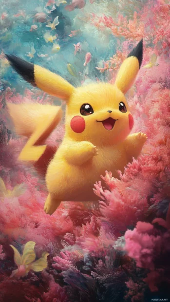 Pikachu hops lightly in place with his tail in motion on a soft coral backdrop.