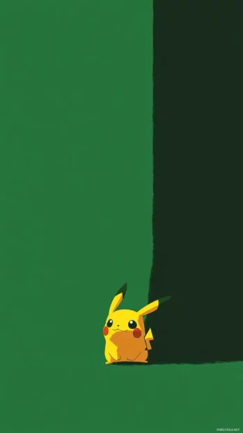 Pikachu iPhone Wallpapers design where Pikachu peeks from the bottom with cheeks glowing on a solid green background.