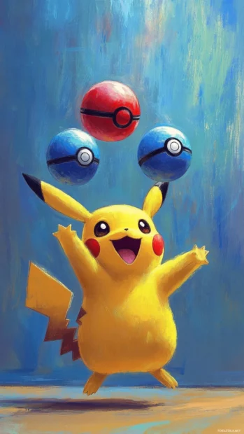 Pikachu juggles three Pok Balls awkwardly while sticking out his.