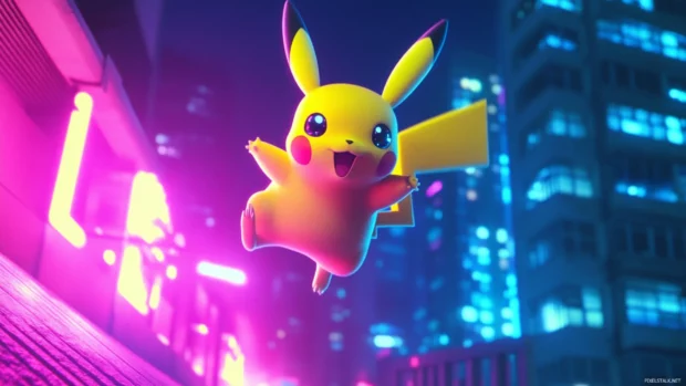 Pikachu jumps from rooftop to rooftop under neon lights in a modern city.