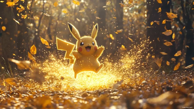 Pikachu launches into the air surrounded by golden sparks and flying leaves.