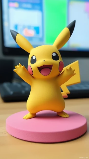 Pikachu leans to the side playfully on a simple pink base with one foot lifted.