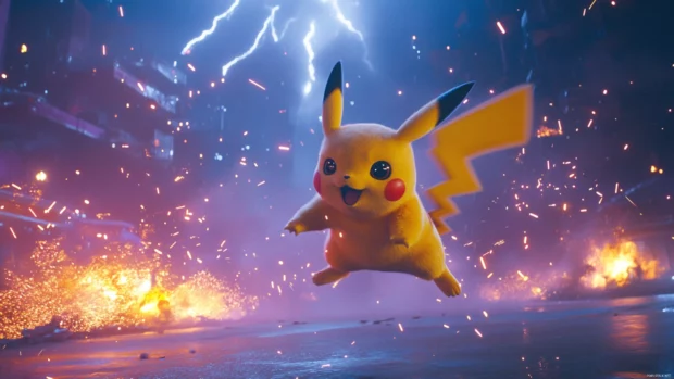 Pikachu leaps into the air surrounded by sparks as a thunderstorm rages behind him.