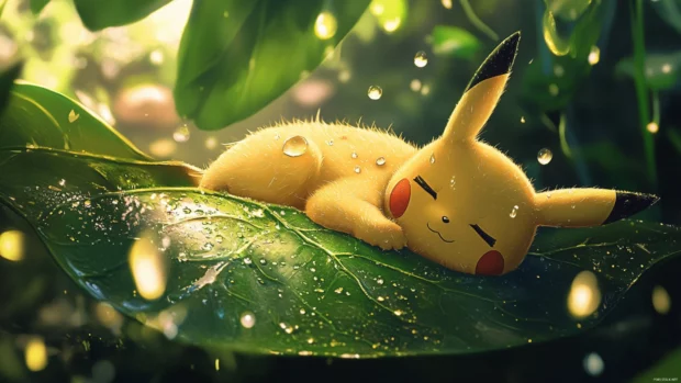 Pikachu lies peacefully on a large leaf as morning dew glistens around him.