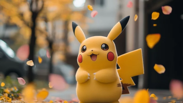 Pikachu looks over his shoulder with a wink as flower petals swirl around him.