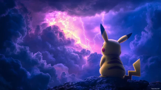Pikachu looks up at the sky while thunderclouds gather above in a dramatic Pokémon scene.