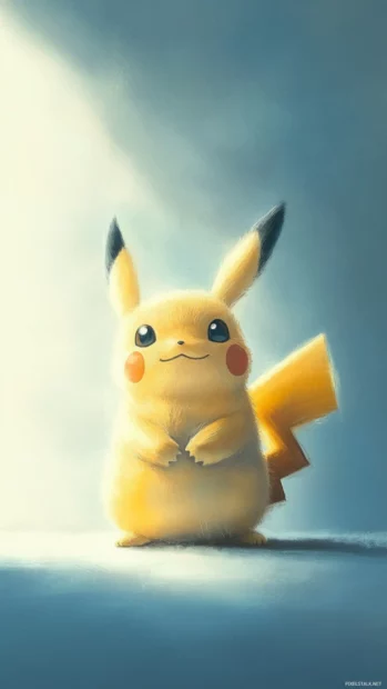 Pikachu looks upward with wonder as a soft glow radiates from above on a pale blue wall.