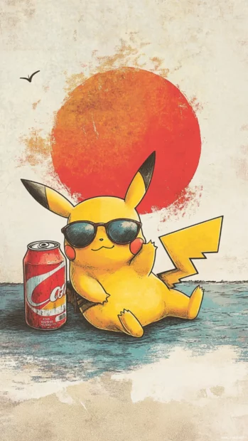 Pikachu lounges with sunglasses beside a floating soda can under a cartoon sun.