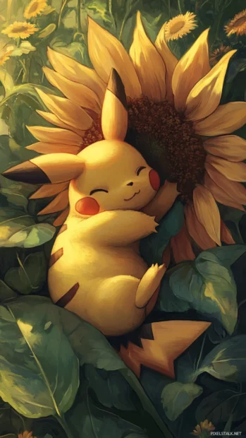 Pikachu naps peacefully under a giant sunflower with its tail wrapped around a plushie.