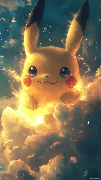 Pikachu peeks from behind a floating cloud with electric sparks around his cheeks.