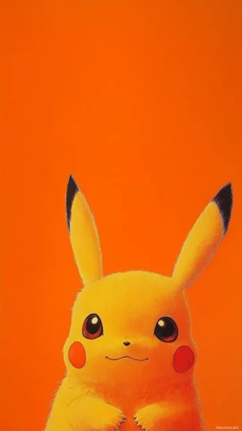 Pikachu peeks from the bottom edge with only his ears and eyes showing on a solid orange background.