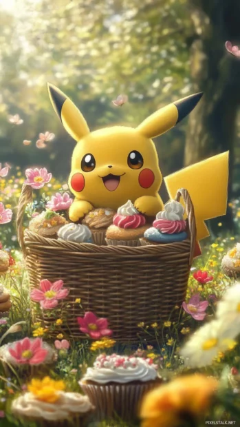 Pikachu peeks out of a picnic basket surrounded by flowers and cupcakes in this Cute Pikachu Wallpaper.