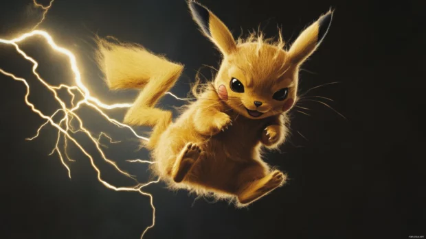 Pikachu performs a midair flip with lightning crackling beneath his paws.