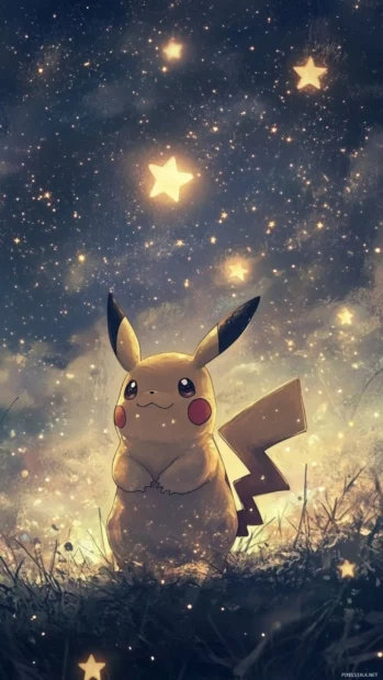 Pikachu points at the sky with one finger as tiny stars float around him in silence.