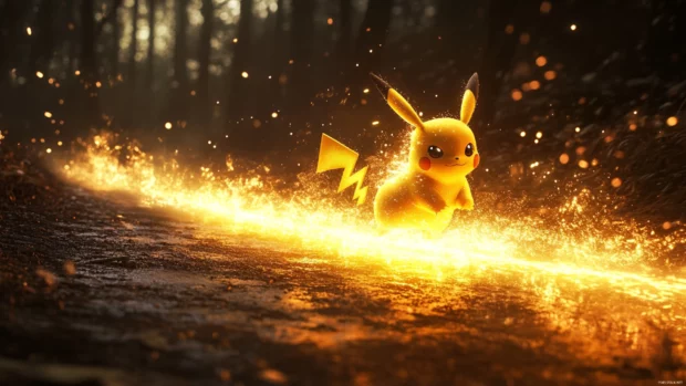 Pikachu races along a glowing path of light created by his own energy.