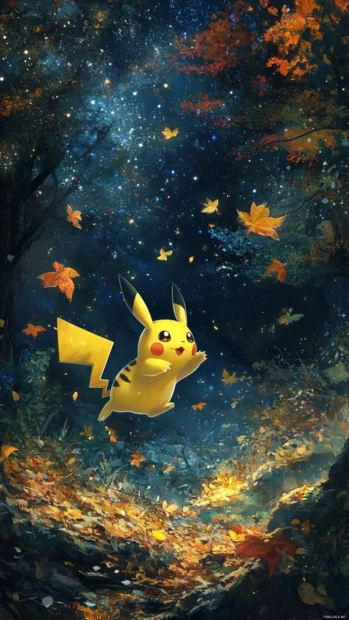 Pikachu rides a falling leaf through the breeze while stars twinkle above.