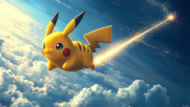 Pikachu rides a shooting star above the clouds trailing electric sparkles behind.