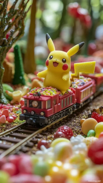Pikachu rides a toy train through a mini forest made of sweets and candy.