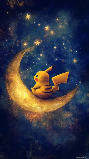 Pikachu sits on a crescent moon watching a trail of stars float past gently.