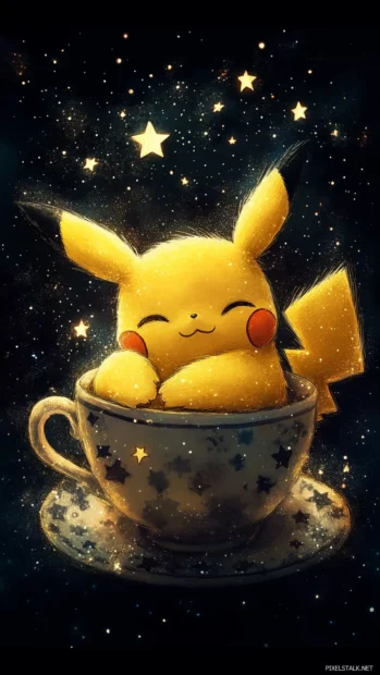 Pikachu sleeps curled up in a warm teacup surrounded by stars, perfect for a Cute Pikachu Wallpaper.