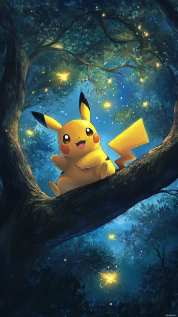 Pikachu smiles as it leaps between tree branches chasing fireflies.