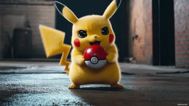 Pikachu spins a Pok Ball on his paw while smirking proudly in fr.