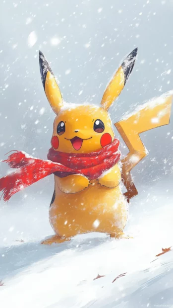 Pikachu spins in a circle while his scarf flaps wildly on a snowy white background.