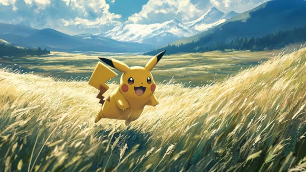 Pikachu sprints across a field of tall grass with distant mountains in the background.