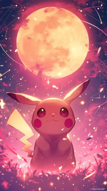 Pikachu standing proudly under glowing stars and a pink moon.