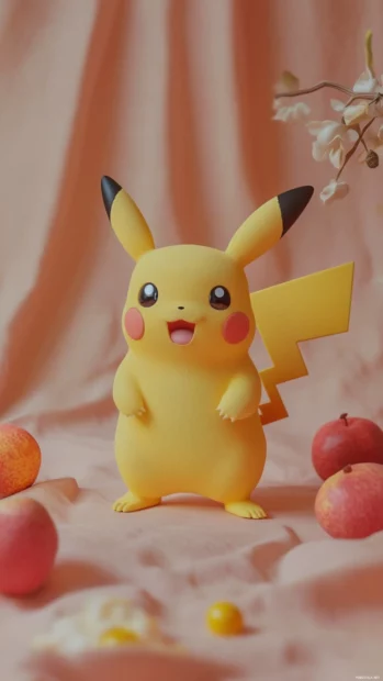 Pikachu stands at the center of a soft peach background with a small smile on his face.