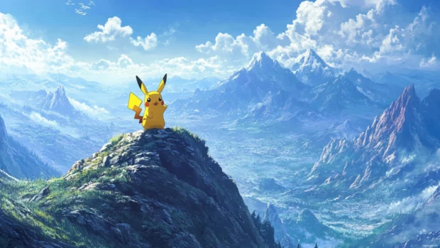 Pikachu stands atop a mountain peak with a wide view of the surrounding wilderness.