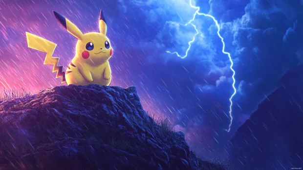 Pikachu stands on a cliff edge facing the wind with lightning flashing far away.