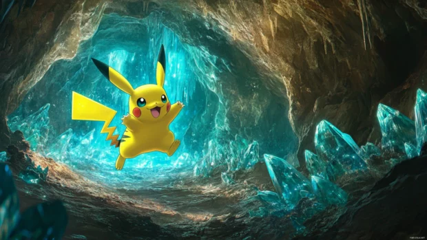 Pikachu swings from a vine across a glowing cave filled with crystal formations.