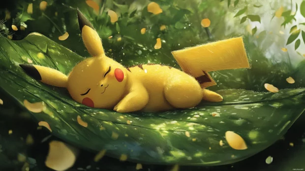 Pikachu takes a nap on a giant leaf while the wind carries petals around.