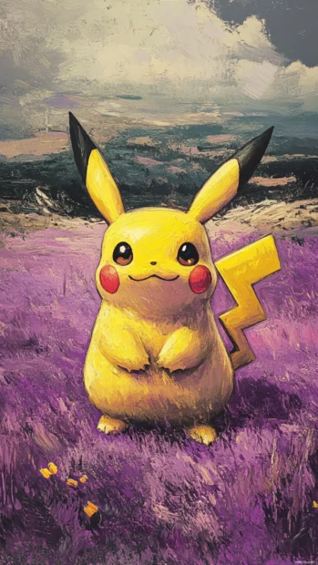 Pikachu tilts his head slightly while sitting on a smooth lavender ground.