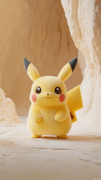 Pikachu turns slightly to the side while standing alone in a soft cream setting.