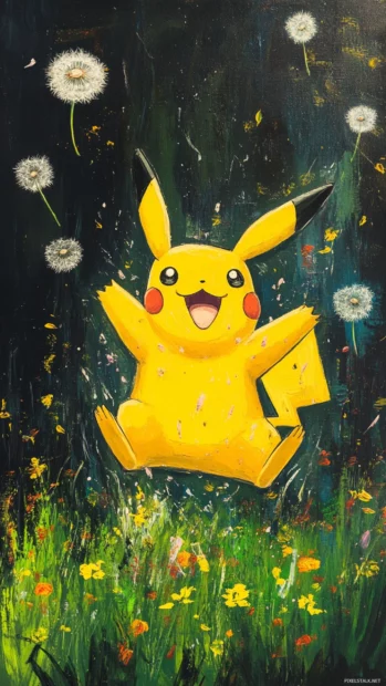 Pikachu twirls joyfully in a meadow filled with oversized dandelions and floating petals.
