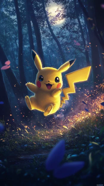 Pikachu twirls midair in excitement during a moonlit forest celebration.