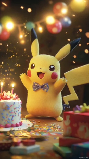 Pikachu wears a tiny bowtie as it poses beside a birthday cake and presents.