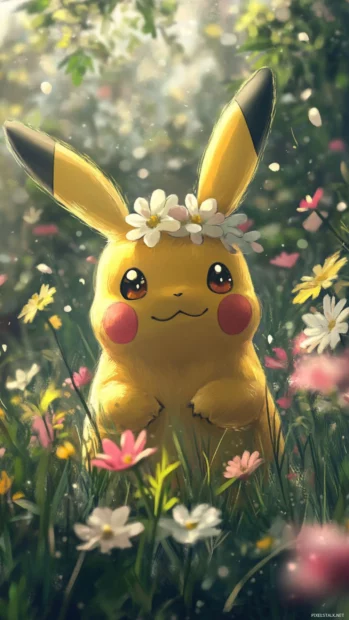 Pikachu wears bunny ears during springtime as flowers bloom all around.