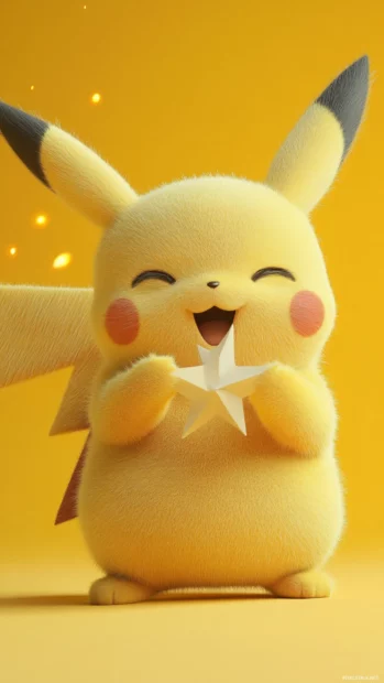 Pikachu winks while holding a paper star in its paws in a pastel themed Cute Pikachu Wallpaper.
