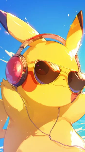 Pikachu with shades and headphones nodding in an electric club.